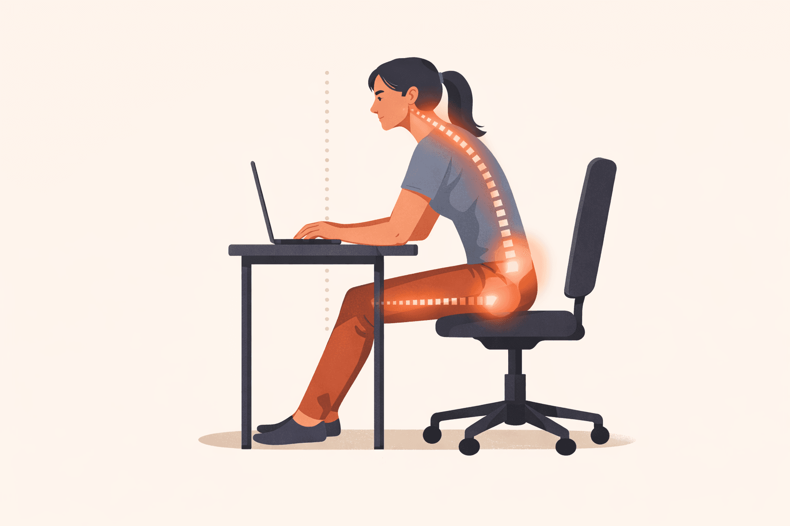 Illustration showing common desk worker posture problems including shortened hip flexors, rounded shoulders and forward head